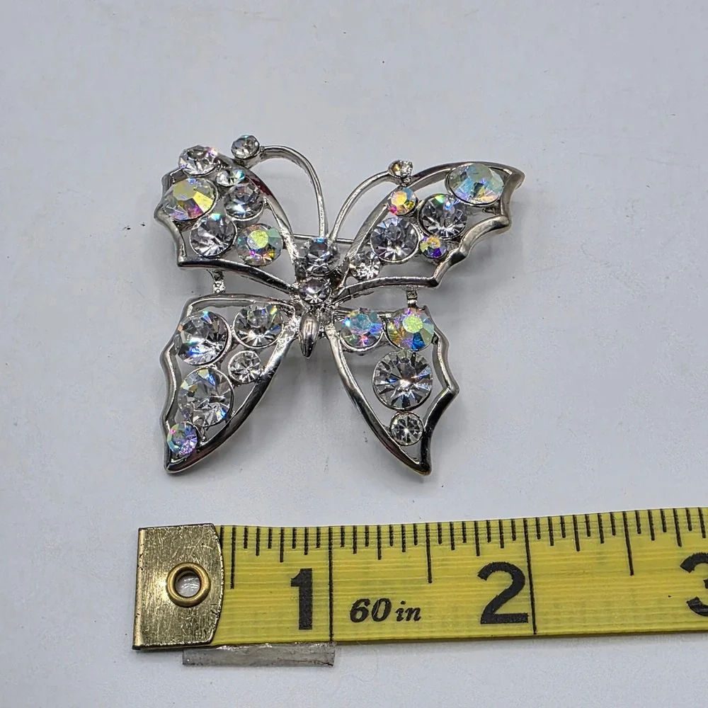 Silver Tone Butterfly Brooch Clear‎ Aurora Borealis Rhinestone Crystal Pin Glam